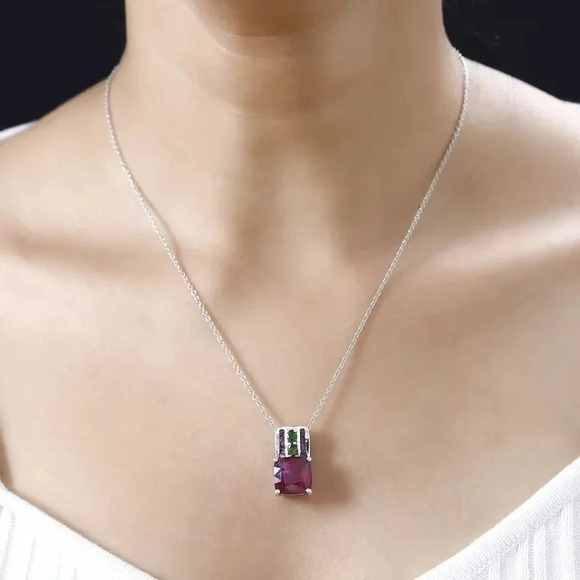 Niassa Ruby and Chrome Diopside Pendant Necklace 20 Inches in Platinum Over 925 - Picture 1 of 9